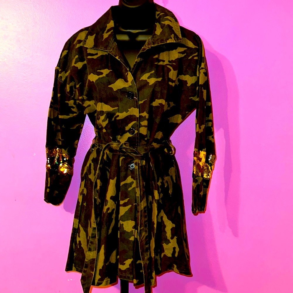 Denim Army Fatigue Jacket with Sequins